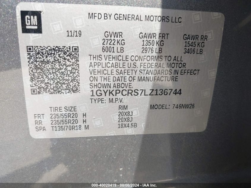 1GYKPCRS7LZ136744 2020 Cadillac Xt6 Fwd Premium Luxury