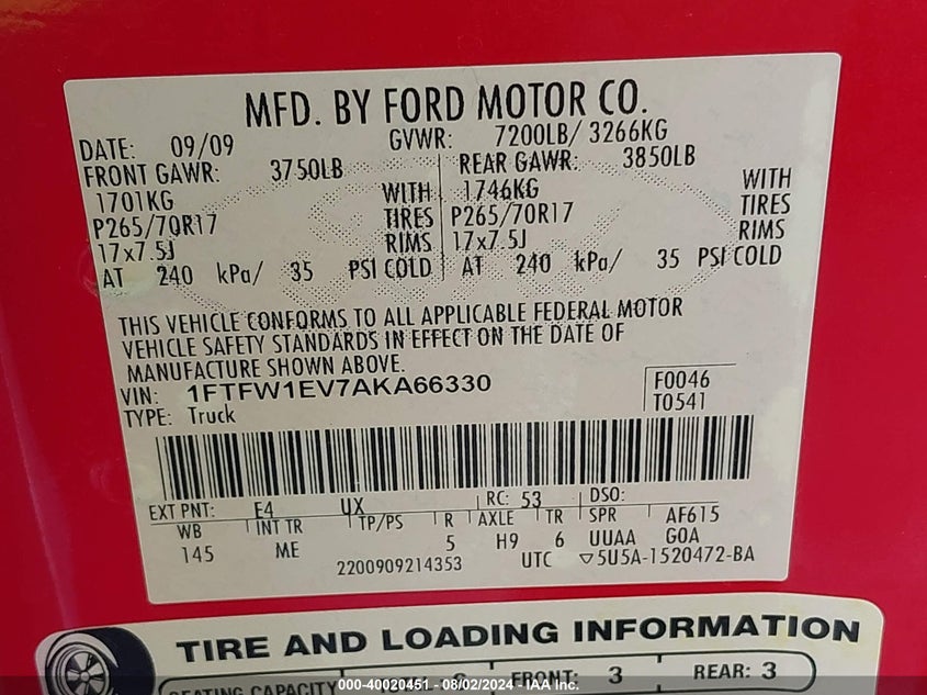 2010 Ford F-150 Fx4/Harley-Davidson/King Ranch/Lariat/Platinum/Xl/Xlt VIN: 1FTFW1EV7AKA66330 Lot: 40020451