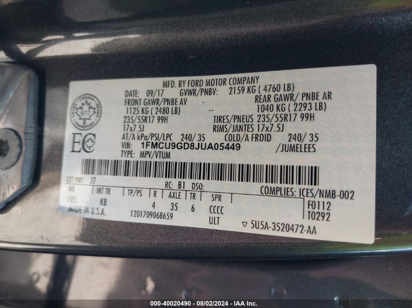 2018 Ford Escape Se VIN: 1FMCU9GD8JUA05449 Lot: 40020490