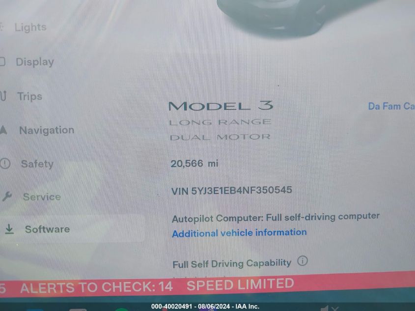 2022 Tesla Model 3 Long Range Dual Motor All-Wheel Drive VIN: 5YJ3E1EB4NF350545 Lot: 40020491