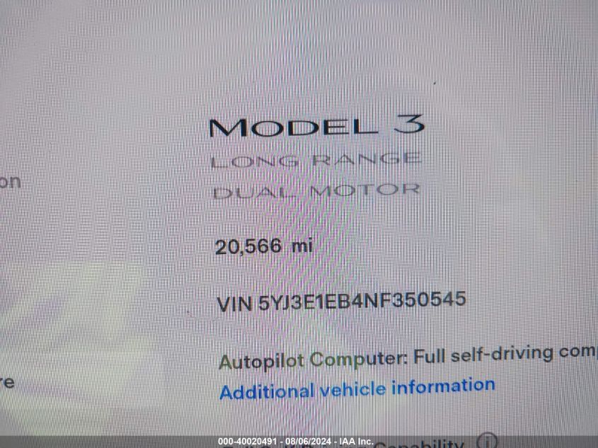 2022 Tesla Model 3 Long Range Dual Motor All-Wheel Drive VIN: 5YJ3E1EB4NF350545 Lot: 40020491