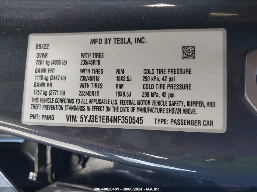 2022 Tesla Model 3 Long Range Dual Motor All-Wheel Drive VIN: 5YJ3E1EB4NF350545 Lot: 40020491