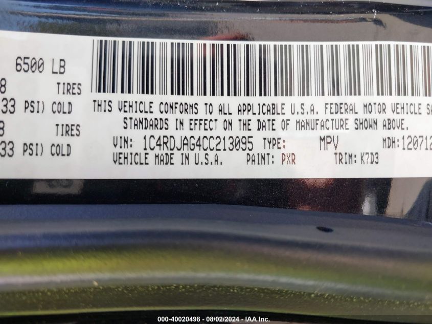 2012 Dodge Durango Sxt VIN: 1C4RDJAG4CC213095 Lot: 40020498