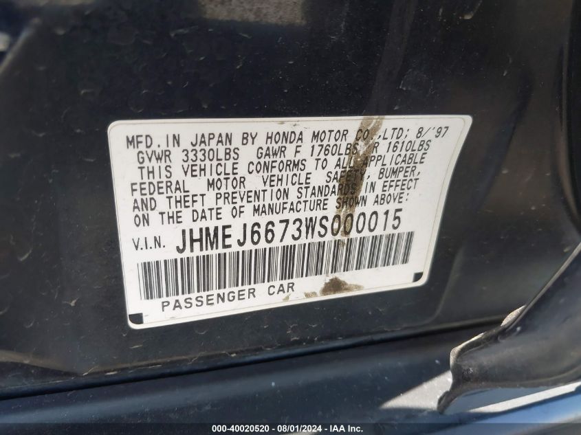 1998 Honda Civic Lx VIN: JHMEJ6673WS000015 Lot: 40020520