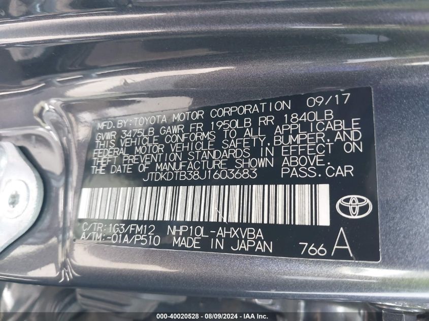 JTDKDTB38J1603683 2018 Toyota Prius C Two