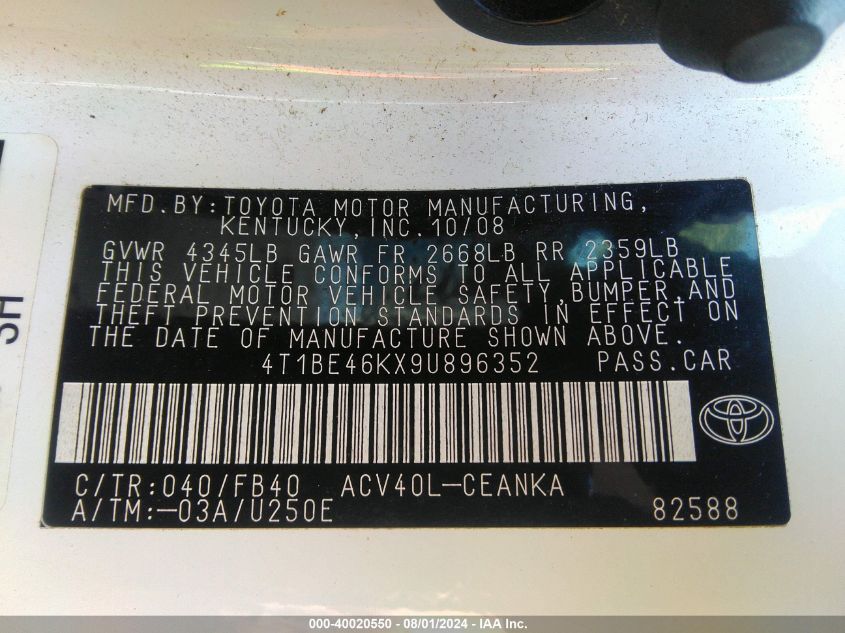 2009 Toyota Camry VIN: 4T1BE46KX9U896352 Lot: 40020550