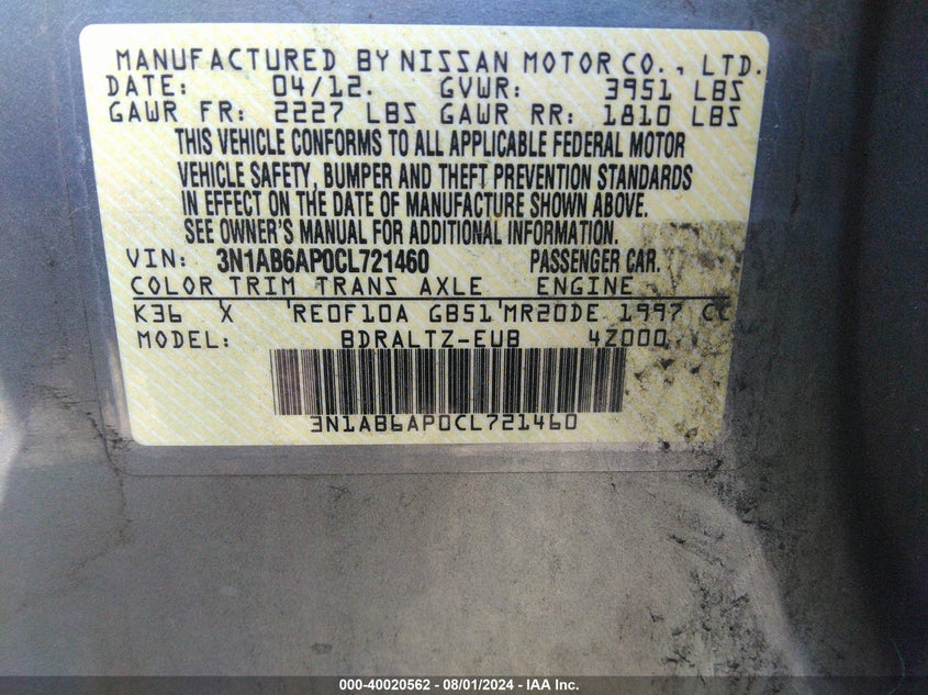 2012 Nissan Sentra 2.0 S VIN: 3N1AB6AP0CL721460 Lot: 40020562