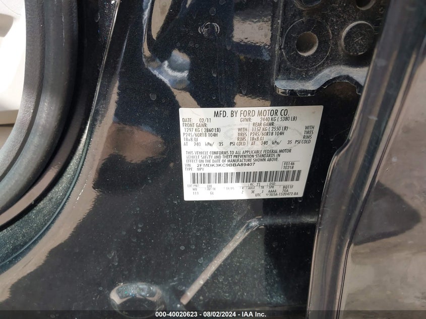 2011 Ford Edge Limited VIN: 2FMDK3KC9BBA89407 Lot: 40020623