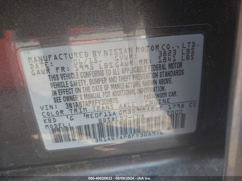 2015 Nissan Sentra Sv VIN: 3N1AB7AP8FY305976 Lot: 40020632