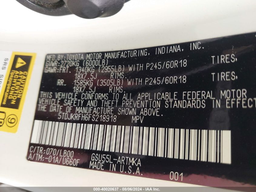 2015 Toyota Highlander Xle V6 VIN: 5TDJKRFH6FS218918 Lot: 40020637