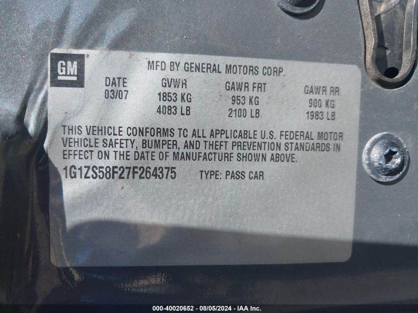 2007 Chevrolet Malibu Ls VIN: 1G1ZS58F27F264375 Lot: 40020652