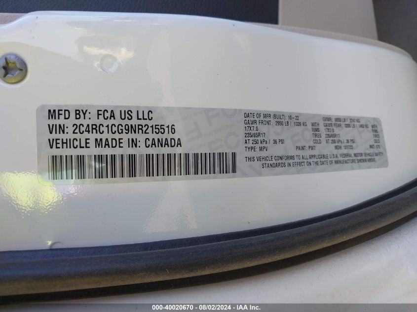 2022 Chrysler Voyager Lx VIN: 2C4RC1CG9NR215516 Lot: 40020670