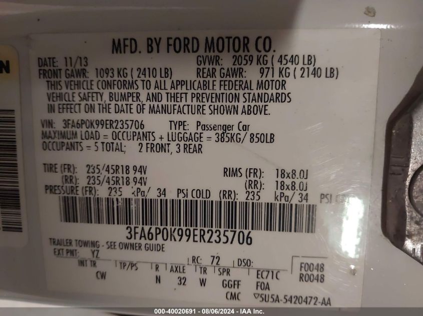 2014 Ford Fusion Titanium VIN: 3FA6P0K99ER235706 Lot: 40020691