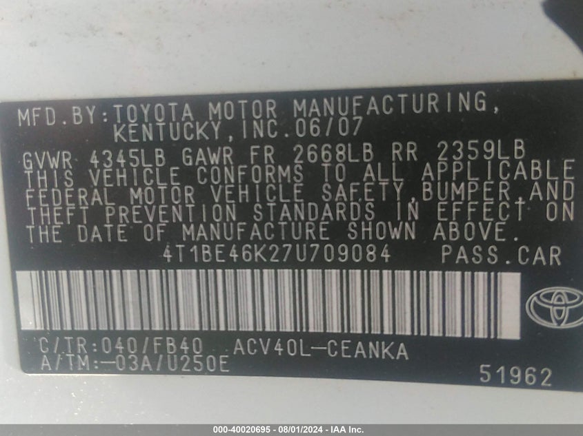 2007 Toyota Camry Ce VIN: 4T1BE46K27U709084 Lot: 40020695