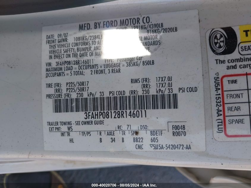 2008 Ford Fusion Sel VIN: 3FAHP08128R146011 Lot: 40020706