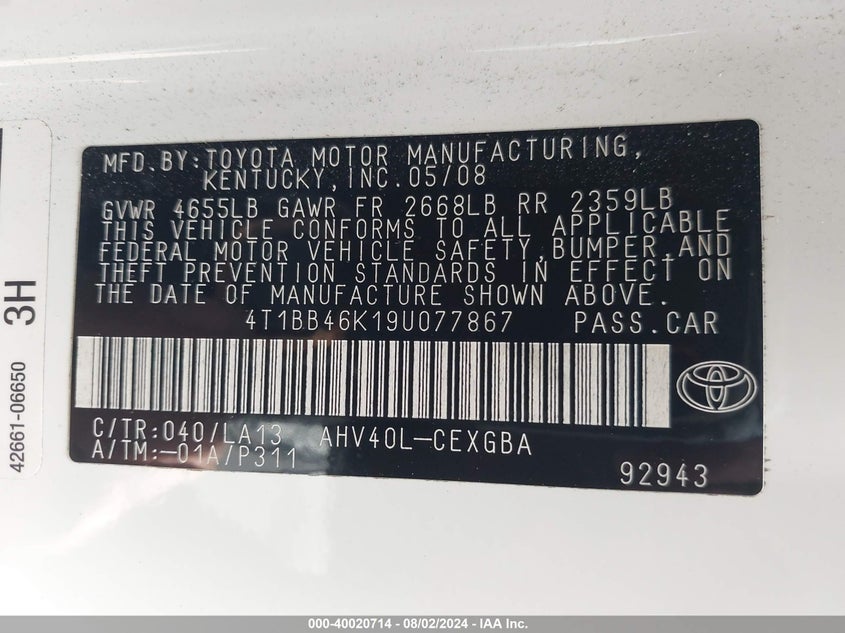 2009 Toyota Camry Hybrid VIN: 4T1BB46K19U077867 Lot: 40020714