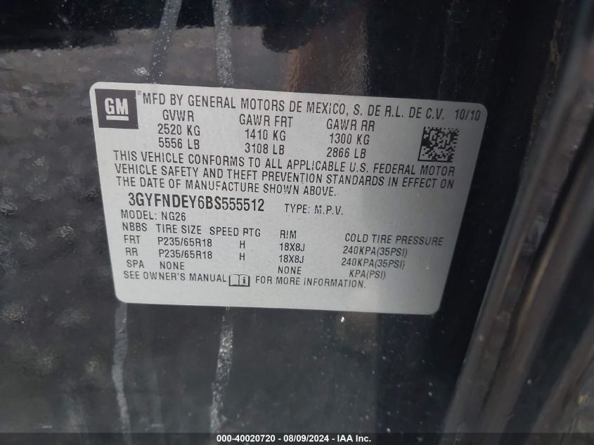 2011 Cadillac Srx Luxury Collection VIN: 3GYFNDEY6BS555512 Lot: 40020720