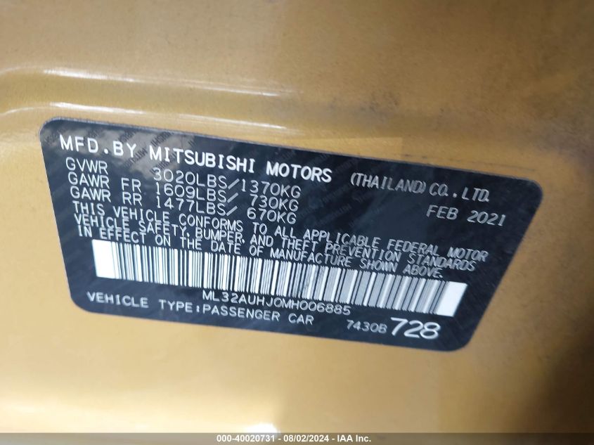 2021 Mitsubishi Mirage Es/Le/Carbonite Edition VIN: ML32AUHJ0MH006885 Lot: 40020731