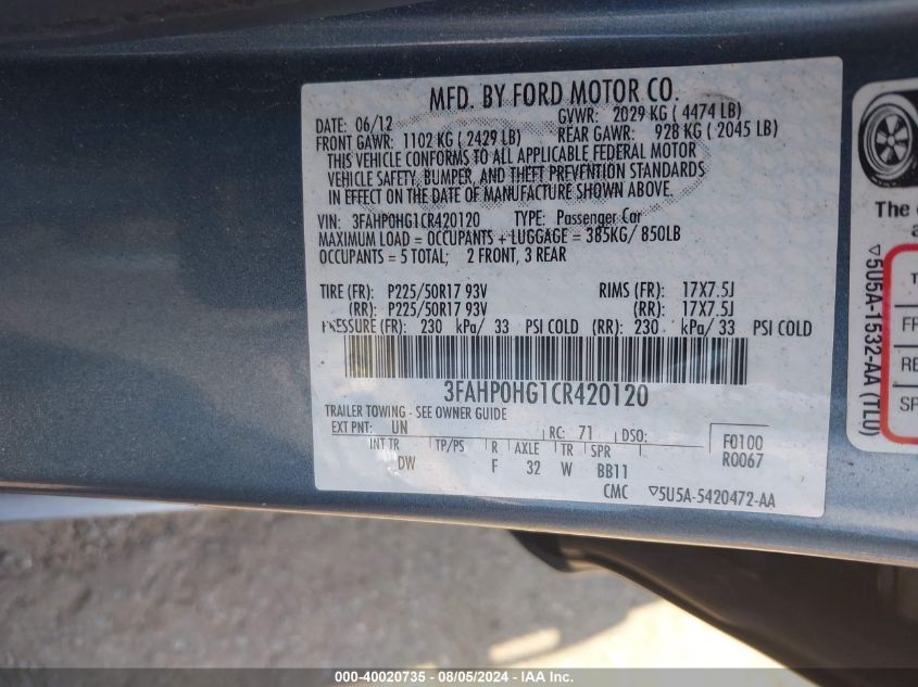 2012 Ford Fusion Se VIN: 3FAHP0HG1CR420120 Lot: 40020735