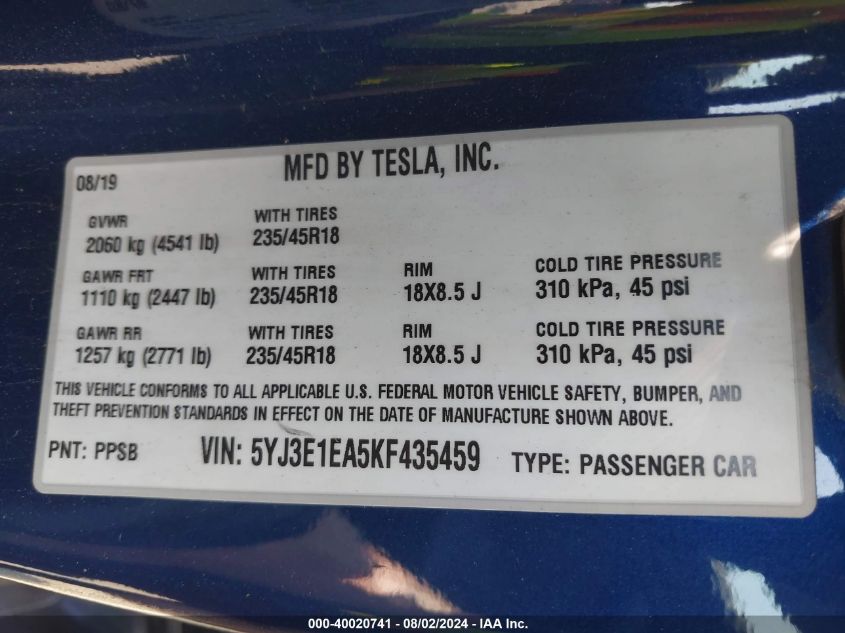 2019 Tesla Model 3 Long Range/Mid Range/Standard Range/Standard Range Plus VIN: 5YJ3E1EA5KF435459 Lot: 40020741