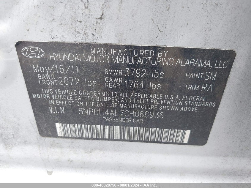 2012 Hyundai Elantra Gls Pzev VIN: 5NPDH4AE7CH066936 Lot: 40020756
