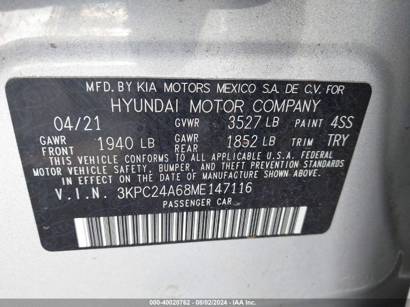 2021 Hyundai Accent Se/Sel VIN: 3KPC24A68ME147116 Lot: 40020762