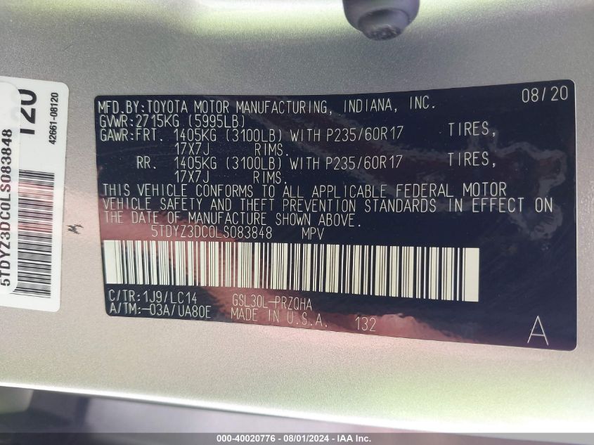 2020 Toyota Sienna Xle VIN: 5TDYZ3DC0LS083848 Lot: 40020776