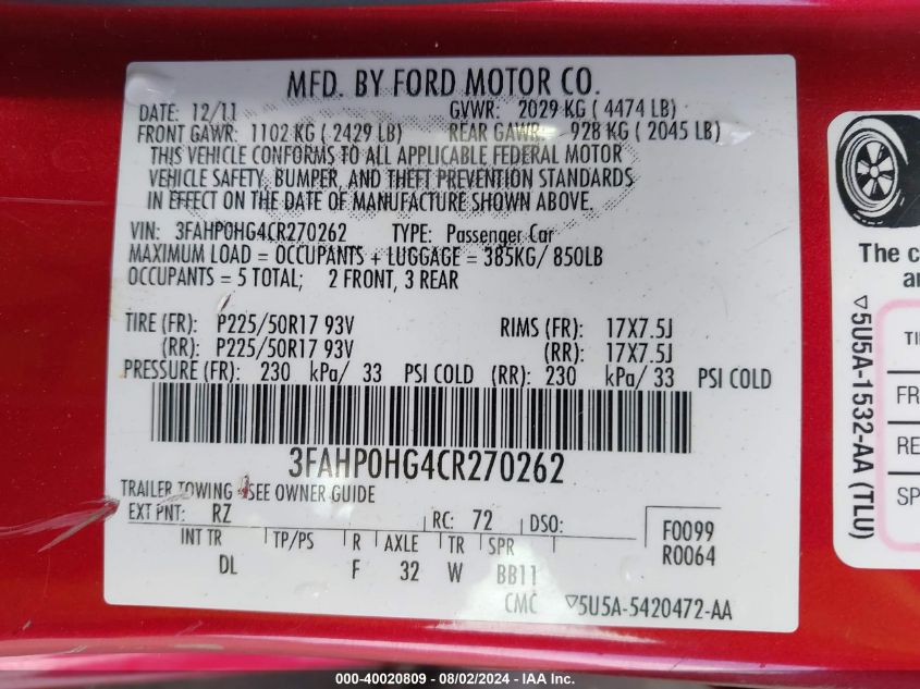 2012 Ford Fusion Se VIN: 3FAHP0HG4CR270262 Lot: 40020809