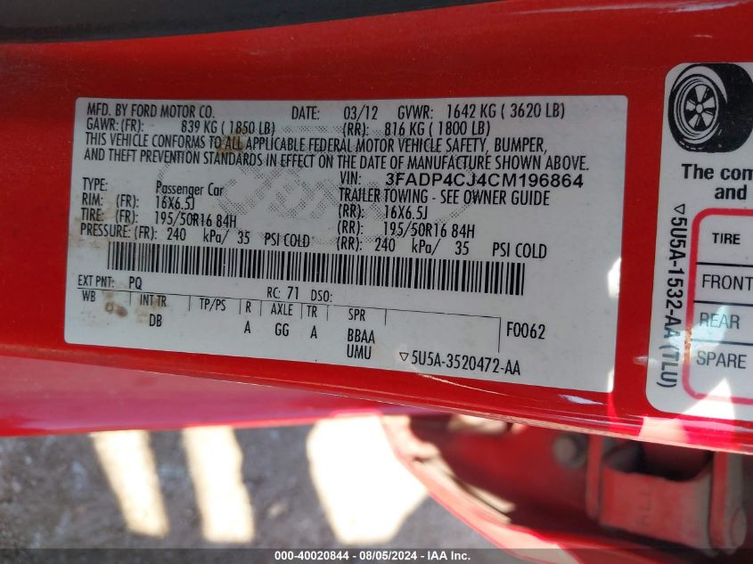 2012 Ford Fiesta Sel VIN: 3FADP4CJ4CM196864 Lot: 40020844