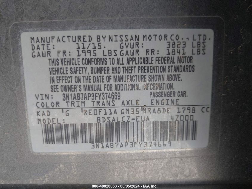 2015 NISSAN SENTRA S - 3N1AB7AP3FY374669