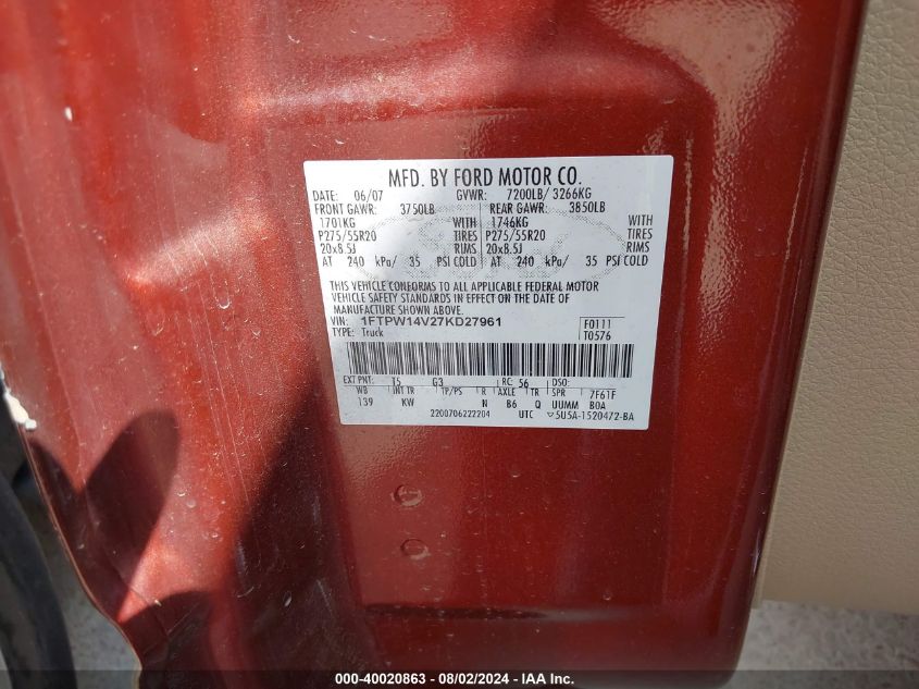 2007 Ford F-150 Fx4/Lariat/Xlt VIN: 1FTPW14V27KD27961 Lot: 40020863