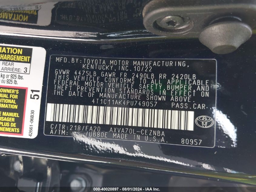 4T1C11AK4PU749057 2023 Toyota Camry Le