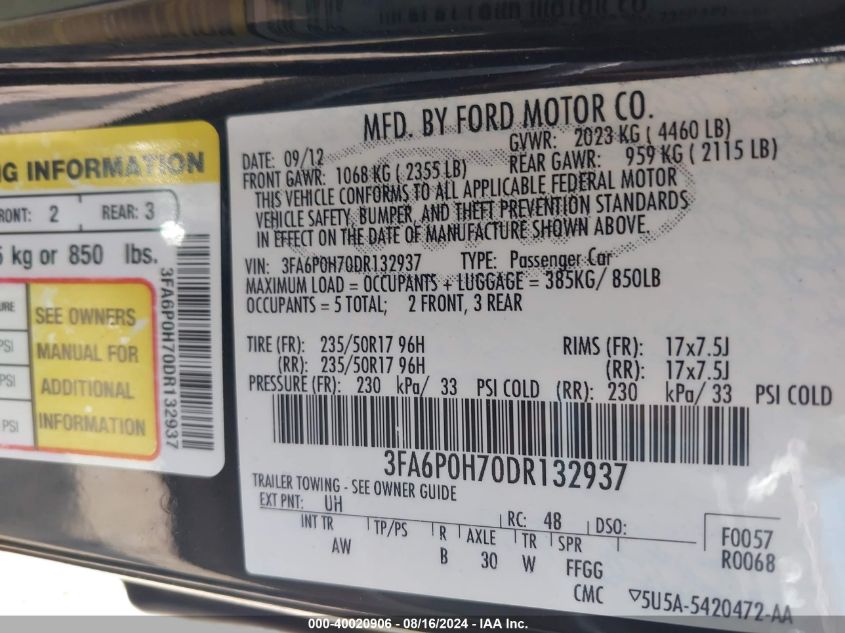 2013 FORD FUSION SE - 3FA6P0H70DR132937