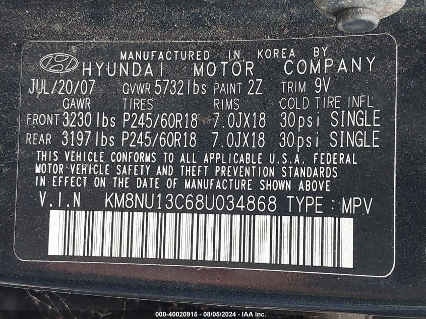 2008 Hyundai Veracruz Gls/Se/Limited VIN: KM8NU13C68U034868 Lot: 40020915