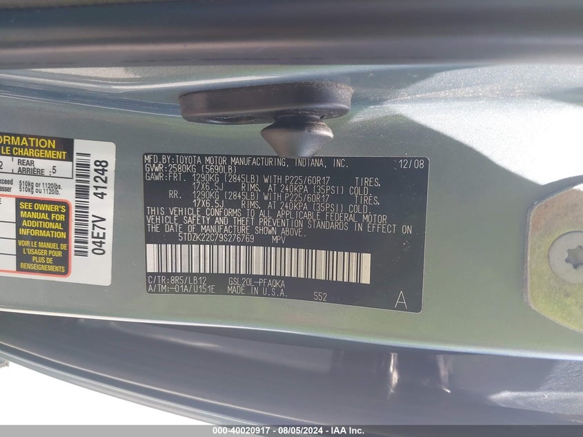 2009 Toyota Sienna Limited VIN: 5TDZK22C79S276769 Lot: 40020917