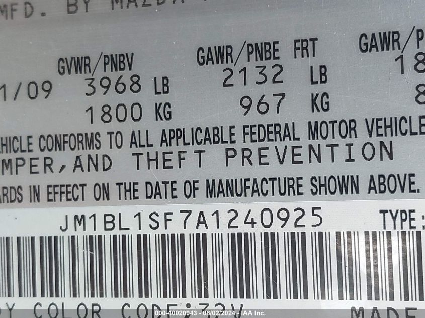 2010 Mazda Mazda3 VIN: JM1BL1SF7A1240925 Lot: 40020943