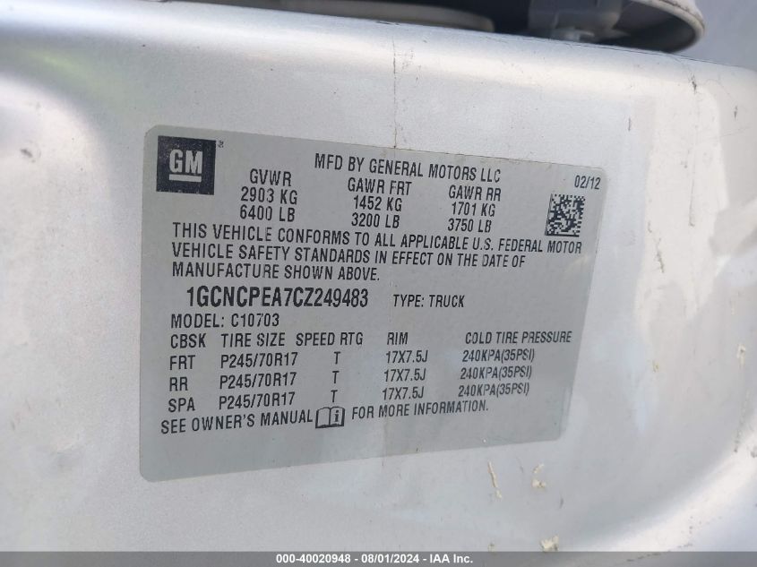 2012 Chevrolet Silverado 1500 Work Truck VIN: 1GCNCPEA7CZ249483 Lot: 40020948