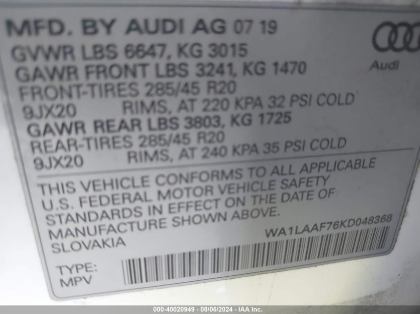 WA1LAAF76KD048368 2019 Audi Q7 55 Premium/55 Se Premium