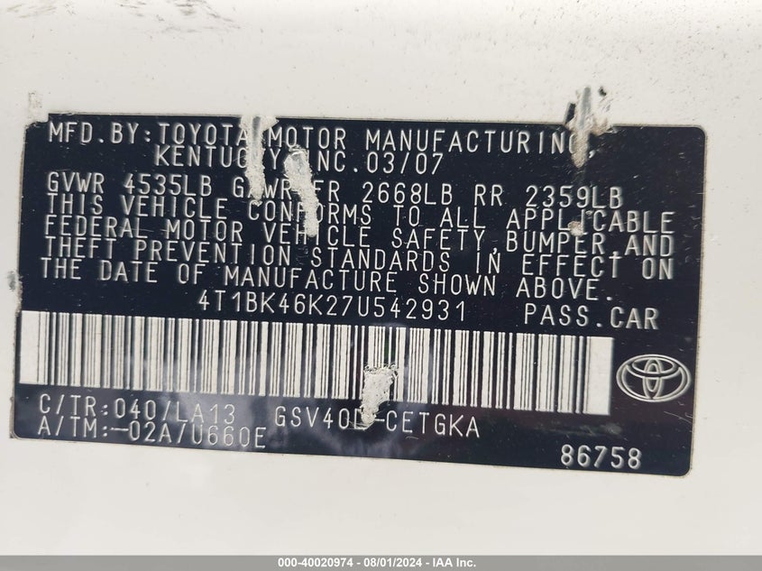 2007 Toyota Camry Xle V6 VIN: 4T1BK46K27U542931 Lot: 40020974