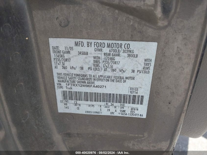 2006 Ford F150 VIN: 1FTRX12W96FA40271 Lot: 40020976