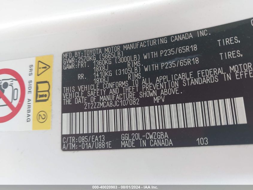 2018 Lexus Rx 350 VIN: 2T2ZZMCA8JC107082 Lot: 40020983