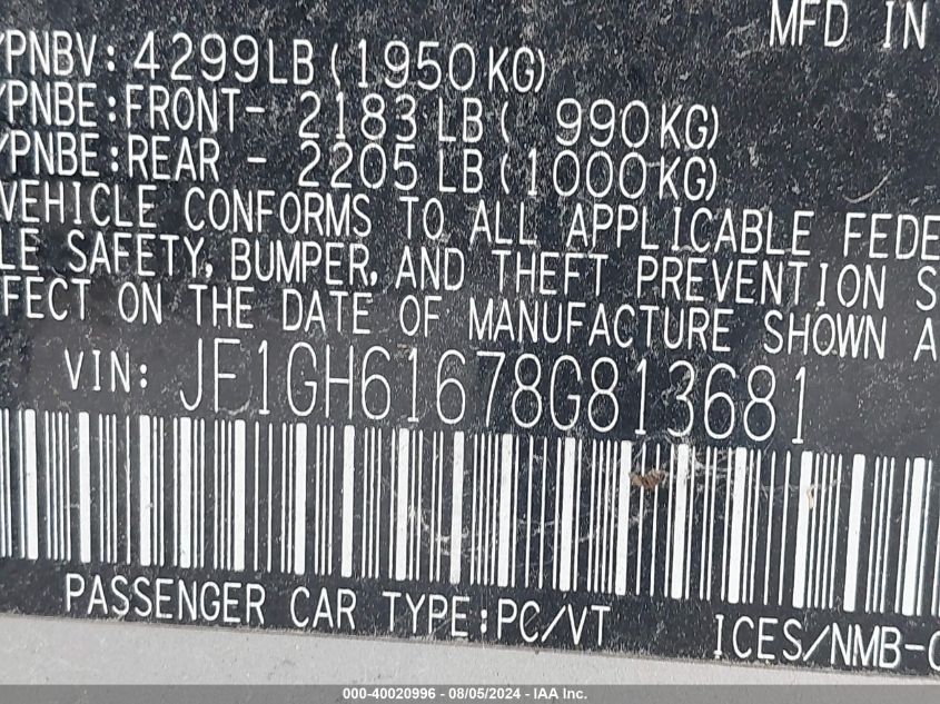 2008 Subaru Impreza 2.5I VIN: JF1GH61678G813681 Lot: 40020996