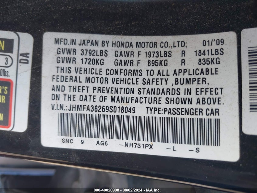 2009 Honda Civic Hybrid VIN: JHMFA36269S018049 Lot: 40020998
