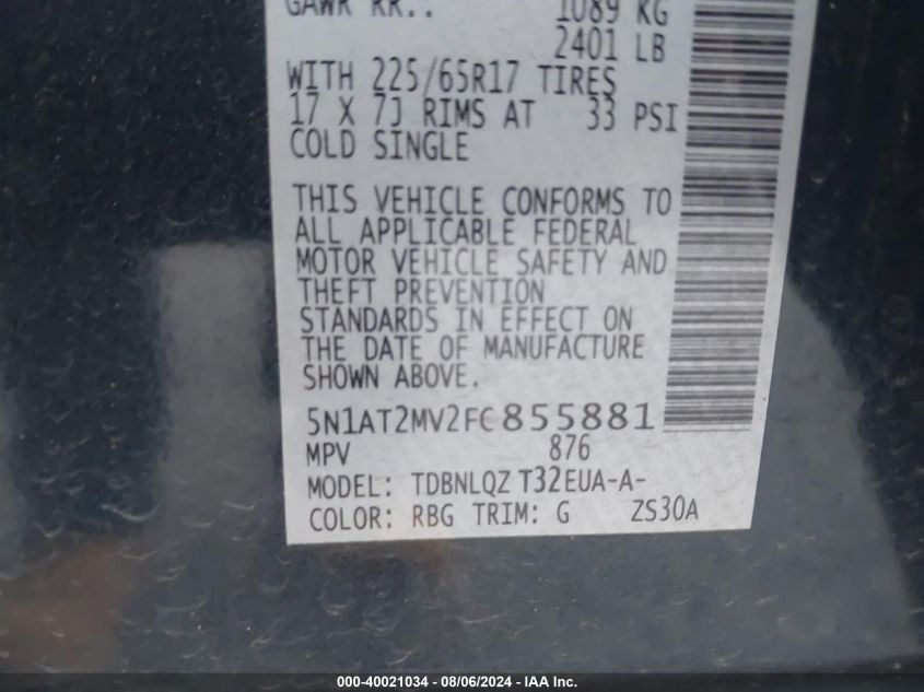 2015 Nissan Rogue Sv VIN: 5N1AT2MV2FC855881 Lot: 40021034