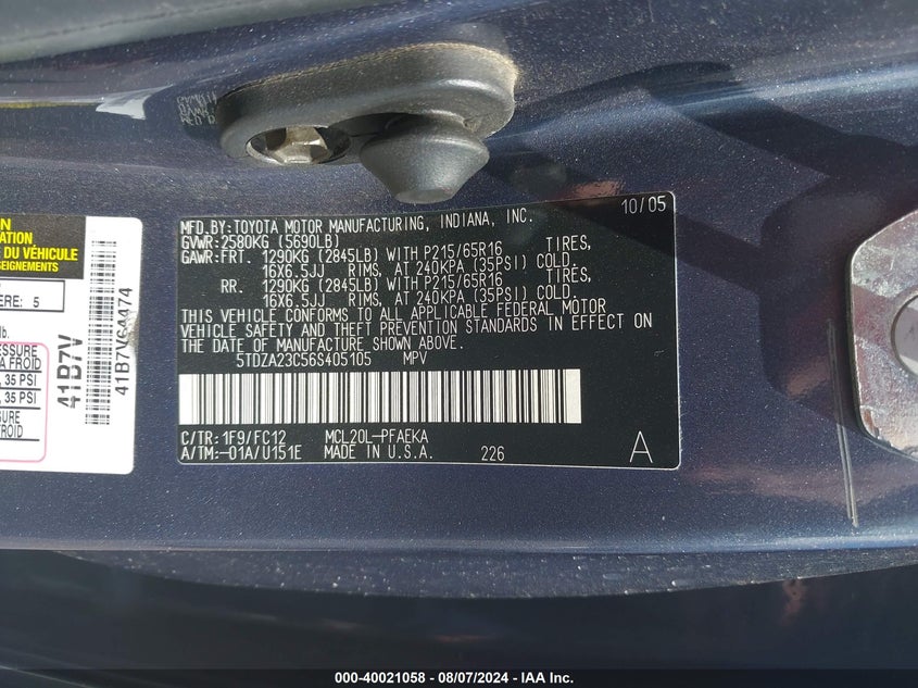2006 Toyota Sienna Le VIN: 5TDZA23C56S405105 Lot: 40021058