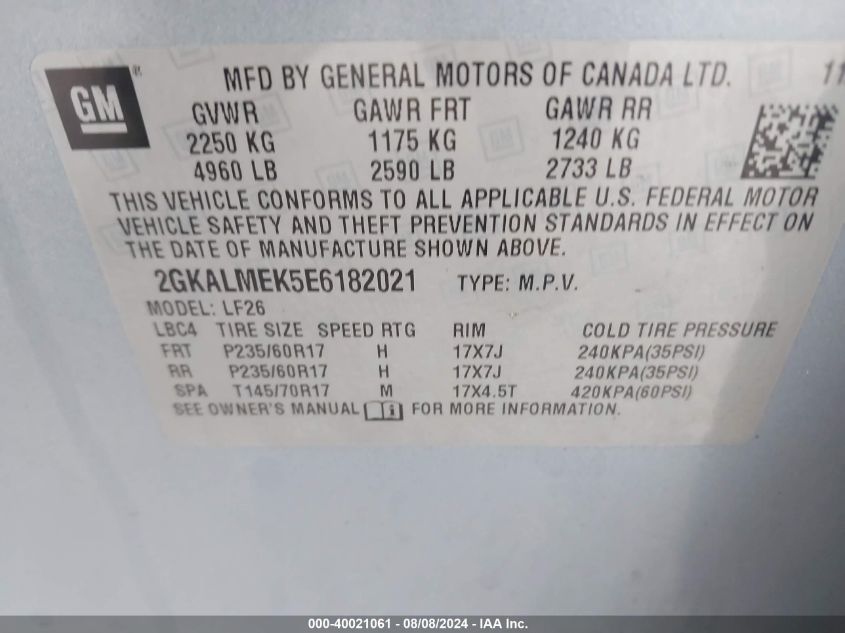 2014 GMC Terrain Sle-1 VIN: 2GKALMEK5E6182021 Lot: 40021061