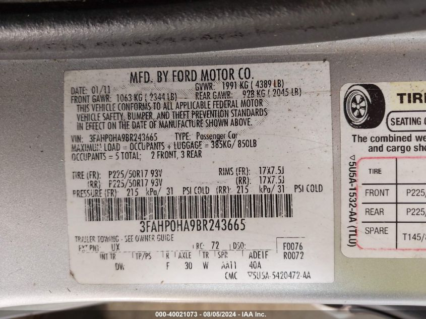 2011 Ford Fusion Se VIN: 3FAHP0HA9BR243665 Lot: 40021073