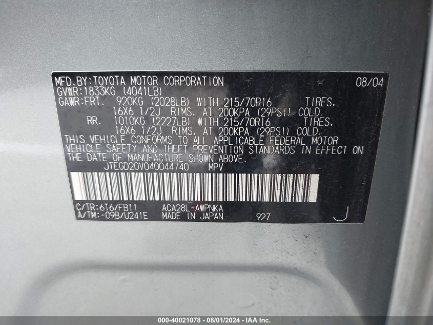 2004 Toyota Rav4 VIN: JTEGD20V040044740 Lot: 40021078