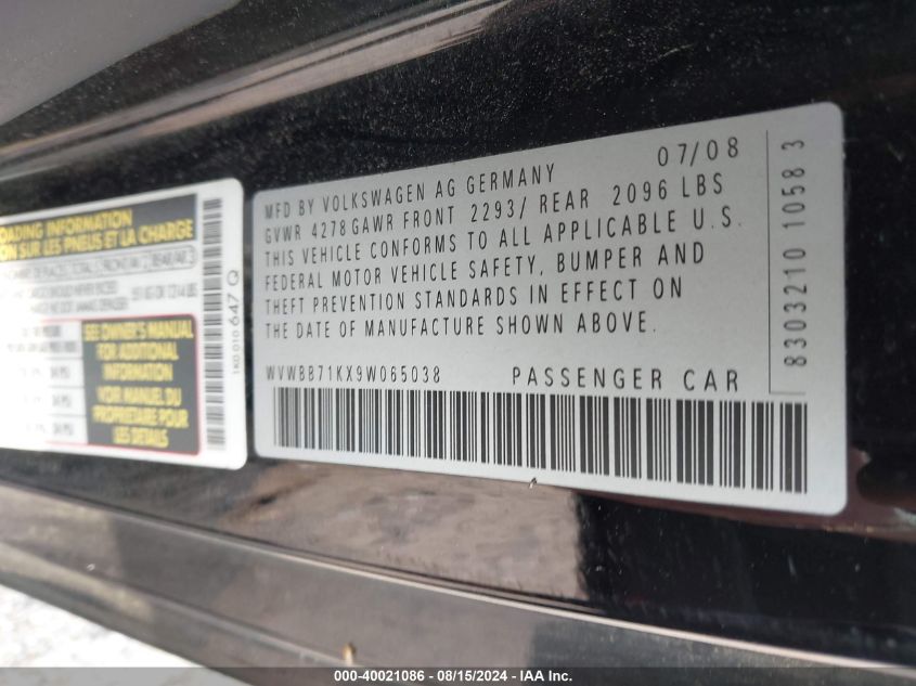 2009 Volkswagen Rabbit S VIN: WVWBB71KX9W065038 Lot: 40021086