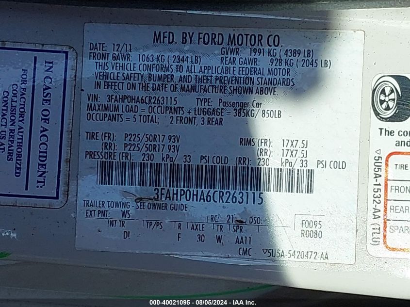 2012 Ford Fusion Se VIN: 3FAHP0HA6CR263115 Lot: 40021095